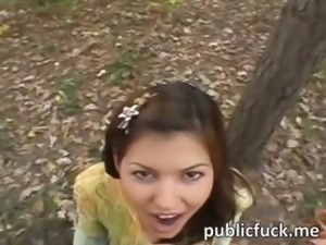 Beautiful euro chick gets fucked and swallows sperm in public for money