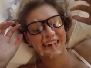 Chick with glasses gets a messy facial