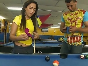 Cute Laura demonstrates big round ass and fucks hard after playing billiard...