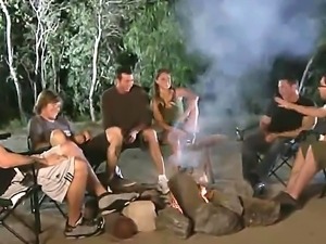 Sexy blonde went camping with lots of boys and was fucked by one of them at...