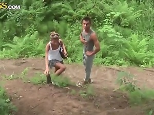 Skinny young babe Tiffany sucks a huge meat pole in the woods before getting...