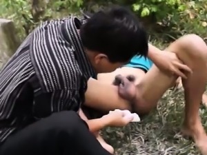 Asian twinks enema outdoors from his doc