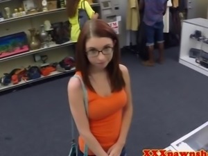 Busty pawnshop teen in glasses sucking pov