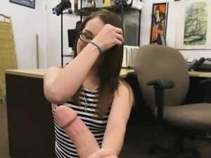 Brunette In Glasses Sucking Big Dick In Pawn Shop Office