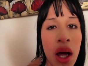 Latina tranny sucks cock and balls