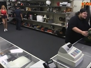 Huge boobs amateur blonde babe gets screwed by pawn guy