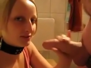 Submissive blonde teen sucking my dick in toilet