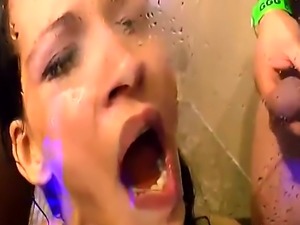 Euro Babe Gets Piss And Throbbing Cocks In Mouth