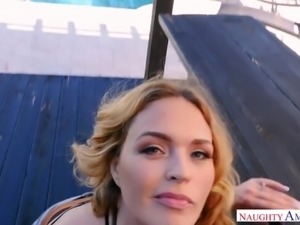 Hot Caucasian redhead Krissy Lynn gets really busy with riding cock