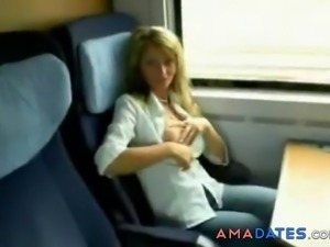 Blonde chick in the train with her friend and in a naughty mood.