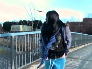 Naughty European brunette teen releases her juices in public