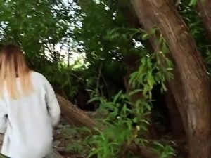 Cute blonde teen with big boobs blows a cock in the outdoors