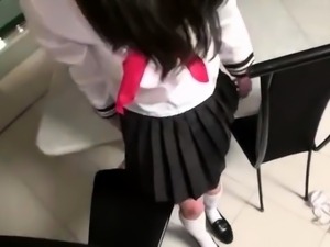 Horny Asian schoolgirl in uniform sucks and fucks a POV cock