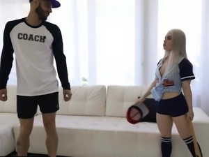 Athletic Man Gives Petite Blonde A Baseball Lesson