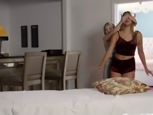 Blonde lesbian massages girlfriend then licks her pussy