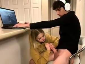 Horny blonde camgirl can't resist her boyfriend's big cock