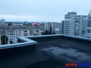 Girl with butt plug fucks on the roof and gives a blowjob