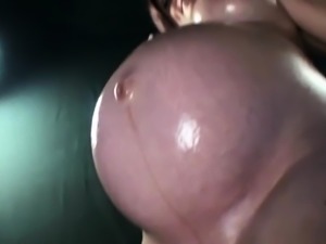 Oiled up pregnant milf with big boobs reveals her kinky side