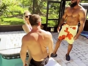 Poolside interracial threesome for lustful blonde wife