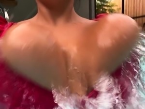 Naughty mature milf shows off big natural tits in the pool