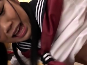 Horny Japanese schoolgirl takes a tough creampie in mighty