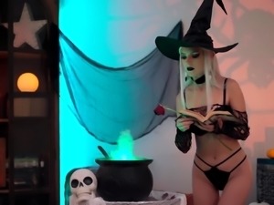 Horny witch gets a hot cum load in her tight pink pussy -